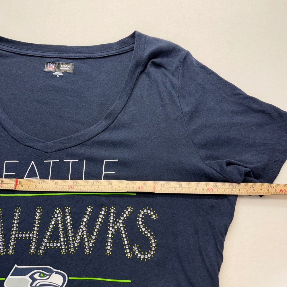 NFL Team Apparel Seahawks Rhinestone V Neck T Shirt Women XL Navy - Picture 6 of 7